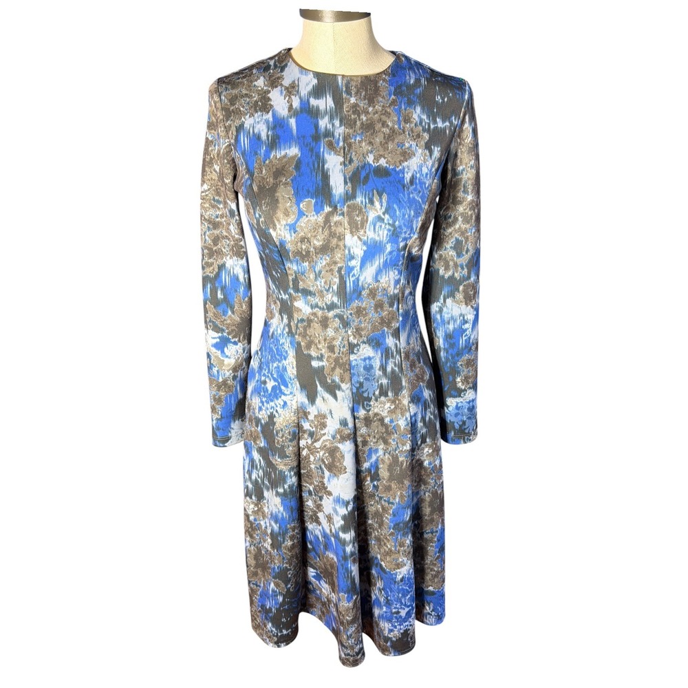 Tito Italia Blue Abstract Floral Long Sleeve Fit & Flare Midi Dress Small